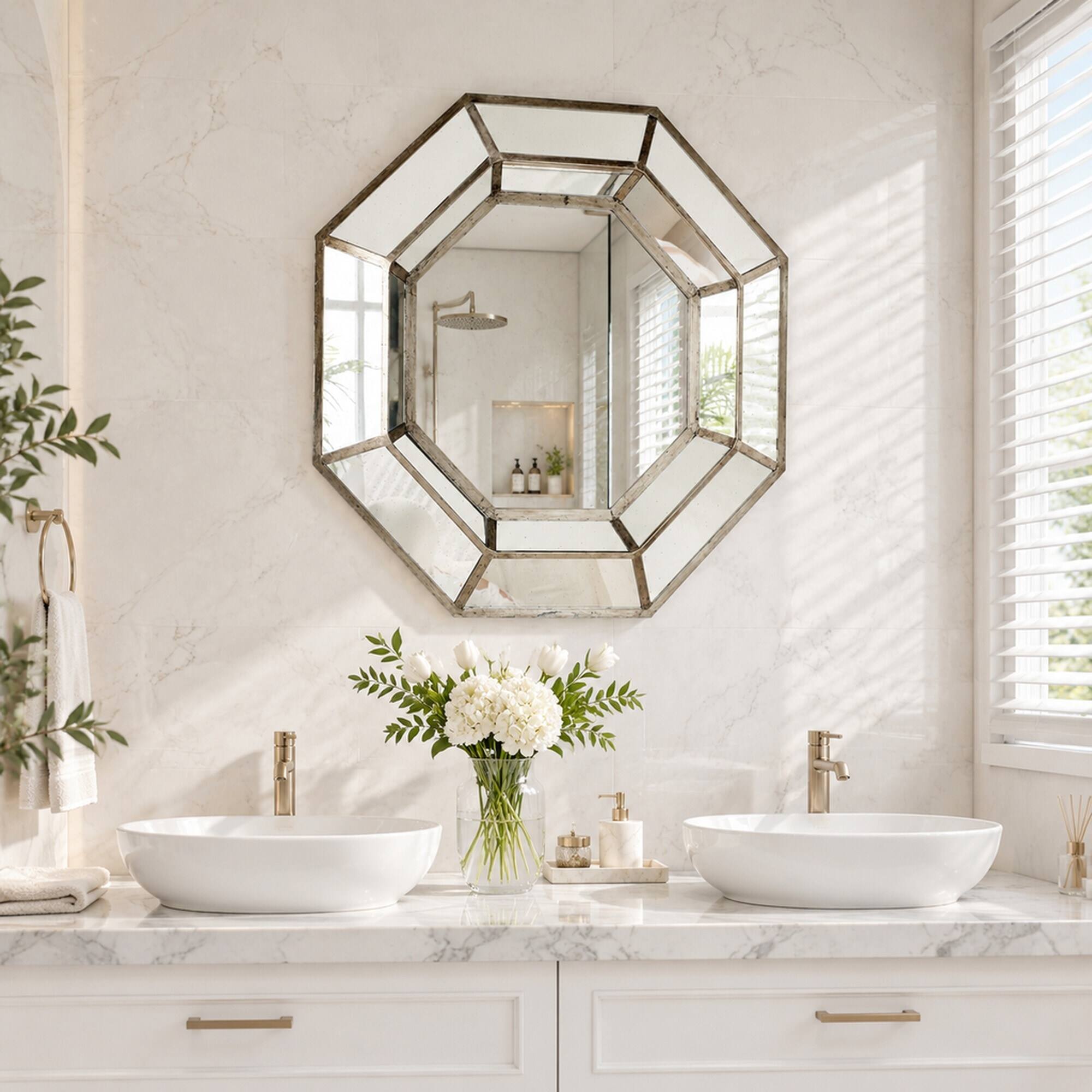 RYHNUYNE 40 in Oversized Octagon Wall Mirror, Distressed Finish, Mid ...