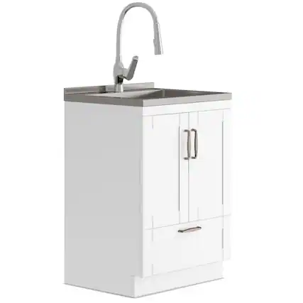 Front. Simpli Home - Reed All-In-One 24-inch Laundry Utility Sink and Cabinet - Pure White.