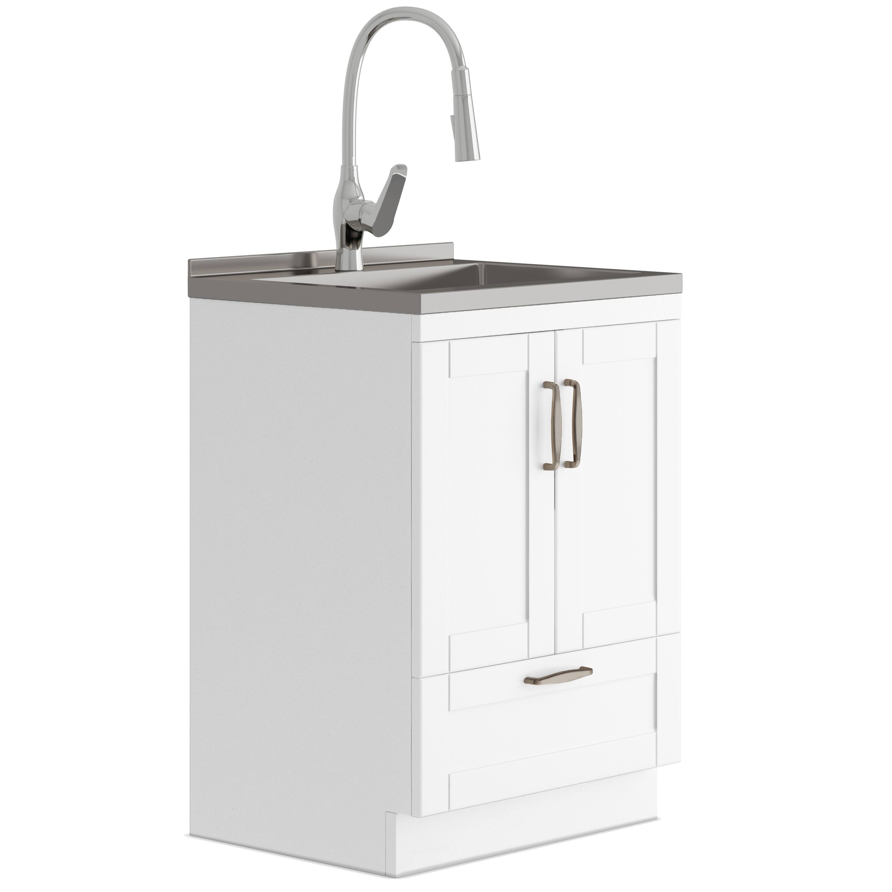 Front. Simpli Home - Reed All-In-One 24-inch Laundry Utility Sink and Cabinet - Pure White.