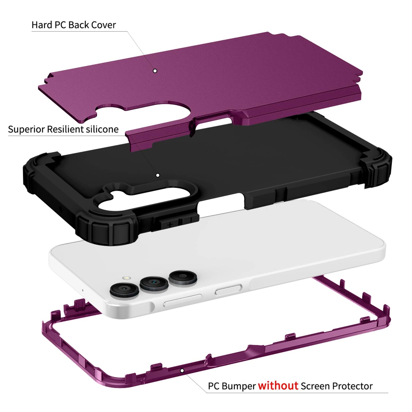 Hard PC Back Cover  
Superior Resilient silicone  
PC Bumper without Screen Protector