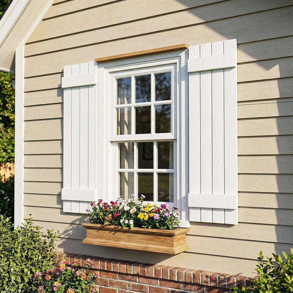 Alt View 5. Kadyn - Classic Board & Batten Faux Shutters with 2 Horizontal Bars for Timeless and Durable Exterior Elegance, 14"x43", White - White.