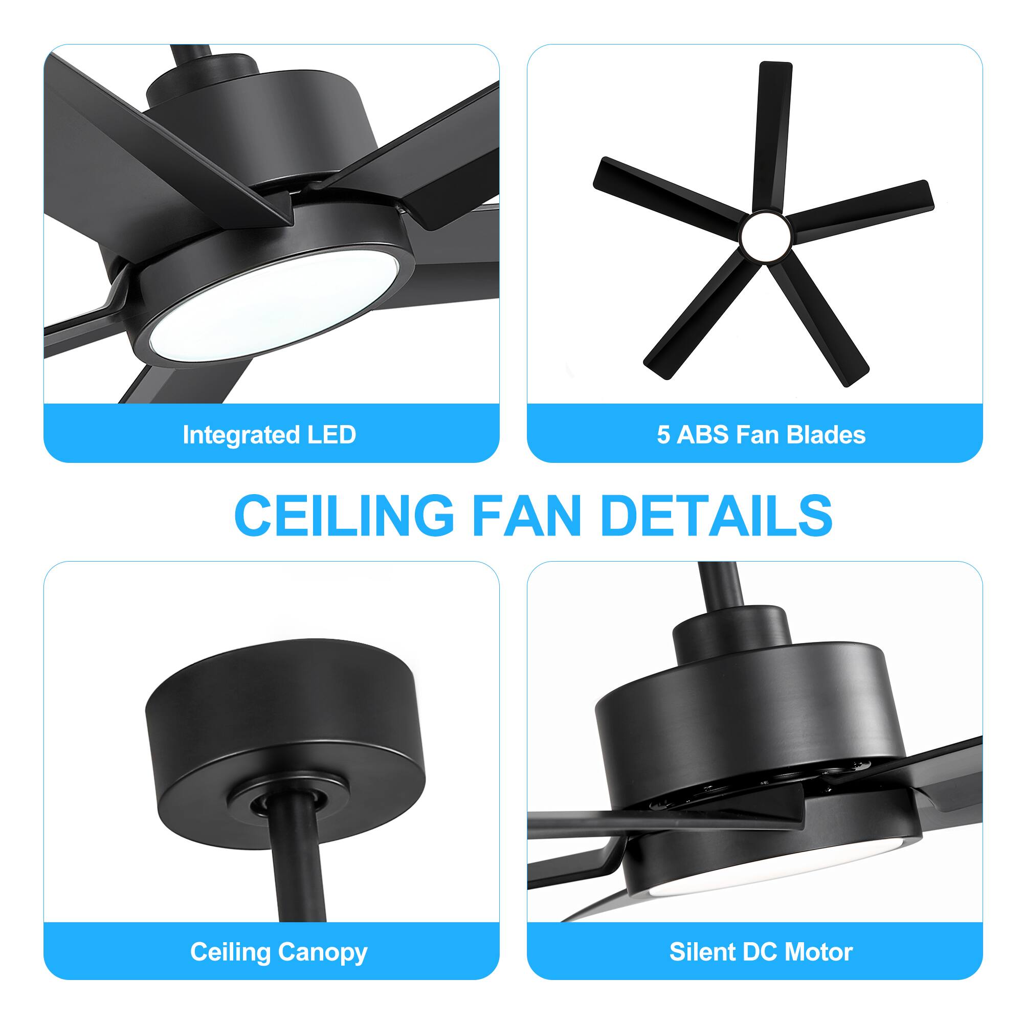 Integrated LED, 5 ABS Fan Blades, Ceiling Canopy, Silent DC Motor