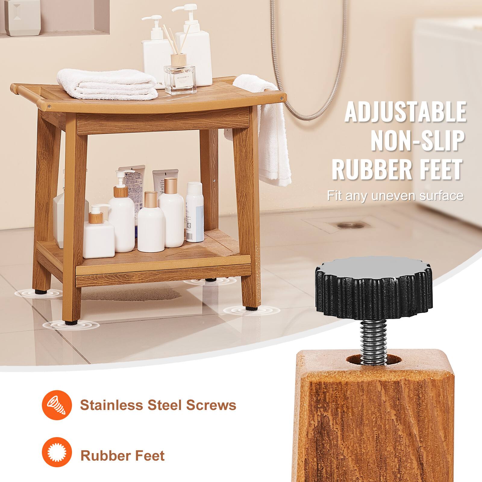 ADJUSTABLE NON-SLIP RUBBER FEET  
Fit any uneven surface  

Stainless Steel Screws  
Rubber Feet
