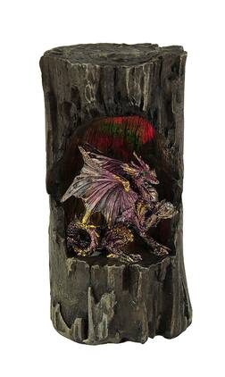 Zeckos - Dragon Holding Orb In Old Log Statue with Color Changing LED Lights - Brown