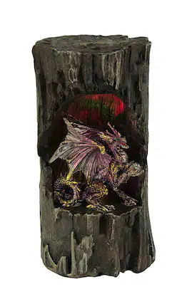 Front. Zeckos - Dragon Holding Orb In Old Log Statue with Color Changing LED Lights - Brown.