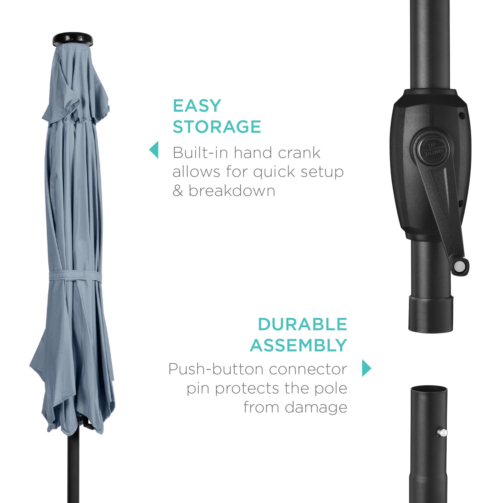 EASY STORAGE: Built-in hand crank allows for quick setup & breakdown.

DURABLE ASSEMBLY: Push-button connector pin protects the pole from damage.