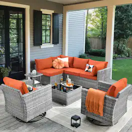 Ovios - 8 PCS Patio Furniture Set Outdoor Sectional Sofa with Swivel Chairs & Coffee Table - Orange Red