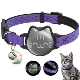 Leash Valley - Refurbished Excellent - Waterproof Airtag Cat Collar Breakaway With Luminous Reflective Pattern Strap Lightweight Kitten Collars For Air Tag - Regal Purple-Small(9-13inch)