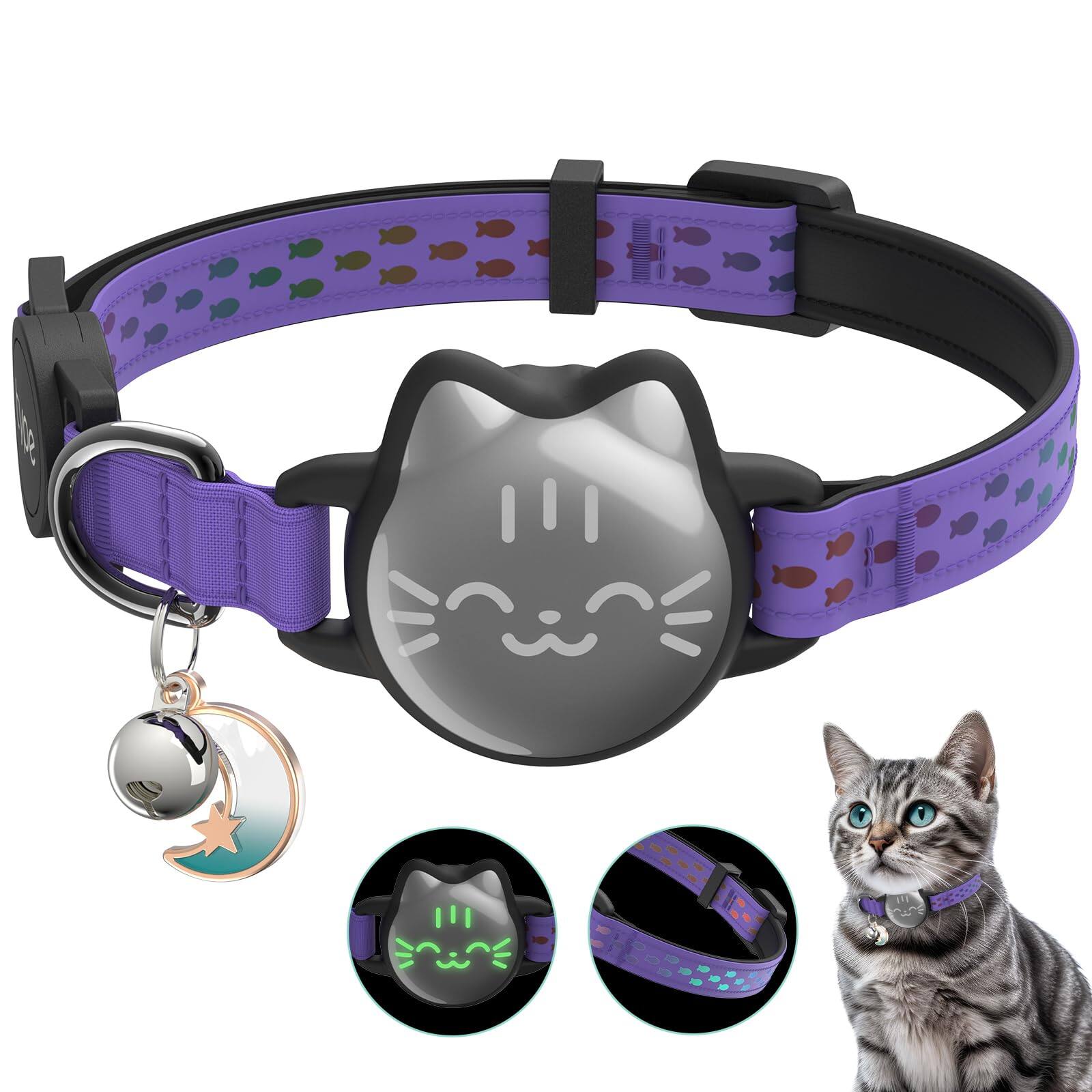 Front. Leash Valley - Waterproof Airtag Cat Collar Breakaway With Luminous Reflective Pattern Strap Lightweight Kitten Collars For Air Tag - Regal Purple-Small(9-13inch).