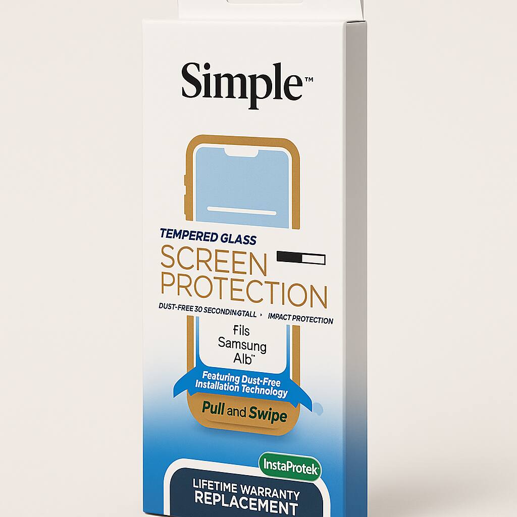 TM Simple  
TEMPERED GLASS SCREEN PROTECTION  
DUST-FREE 30 SECONDINGTALL IMPACT PROTECTION  
Fils Samsung Alb"  
Installation Featuring Dust-Free Technology Pull and Swipe  
InstaProtek LIFETIME WARRANTY REPLACEMENT