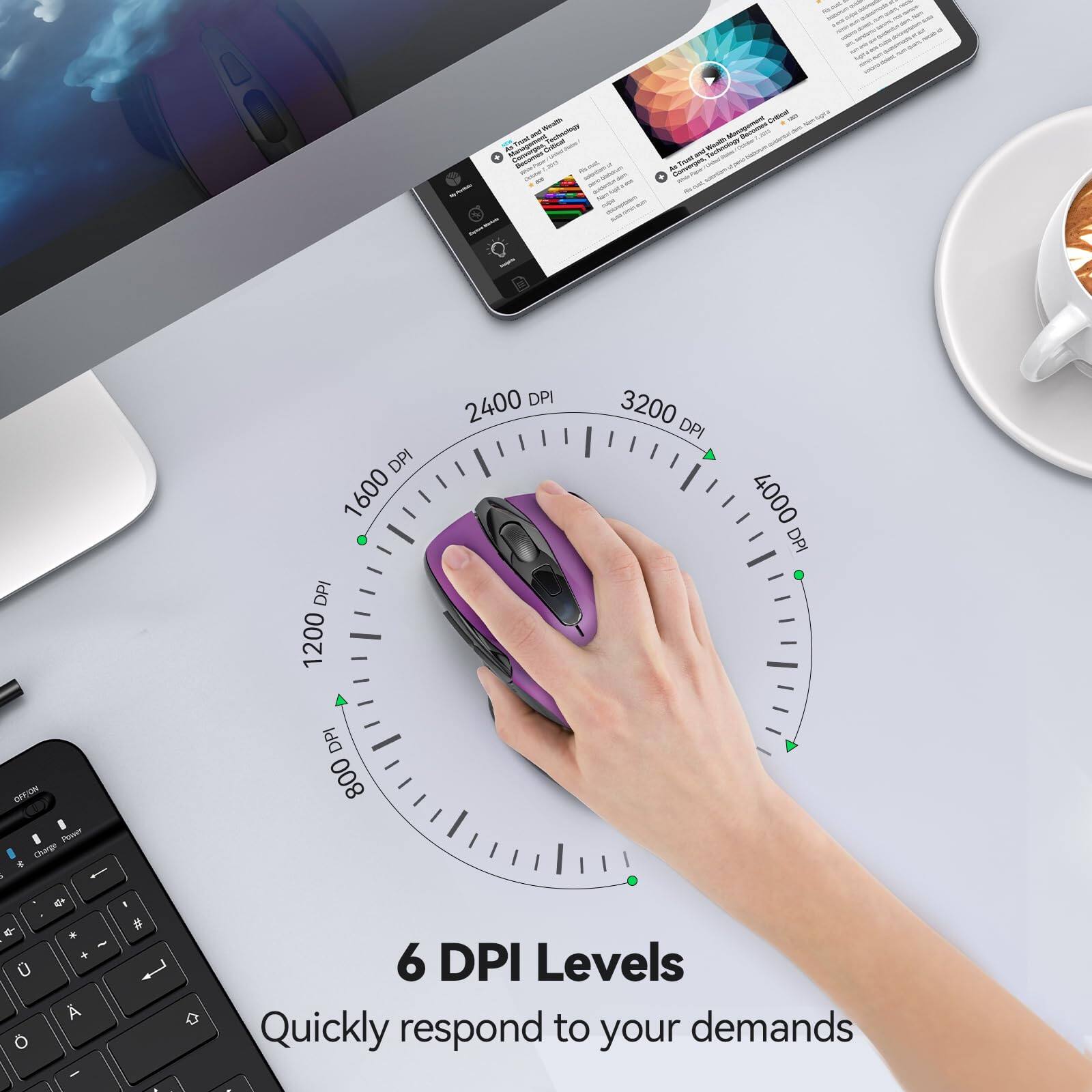 6 DPI Levels  
Quickly respond to your demands  

DPI Levels:  
800 DPI  
1200 DPI  
1600 DPI  
2400 DPI  
3200 DPI  
4000 DPI