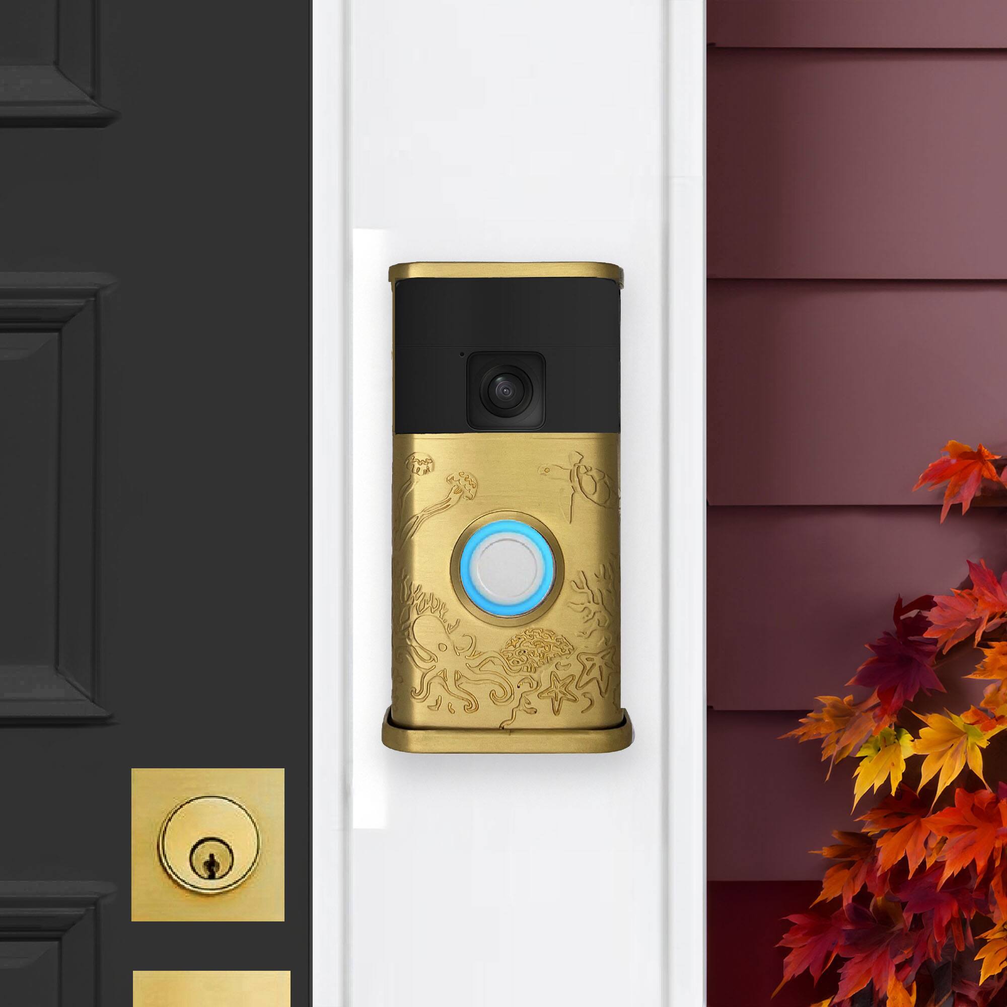 Alt View 3. Michael Healy - Coastal Video Doorbell Cover (Ring Battery Doorbell 2024 Release) - Satin Brass.