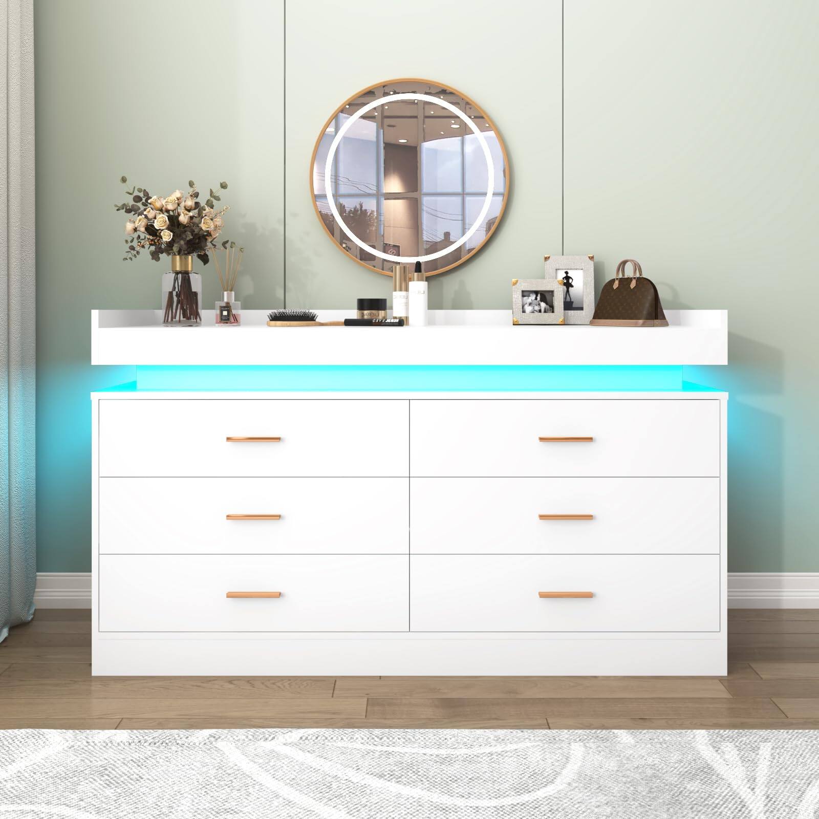 Alt View 4. Lent Glitter Wood - Dresser with LED Light and Charging Station, Modern Wood Dresser with Wide Drawers and Metal Handles, 6 drawer dresser f - WHITE.