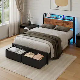 Furnulem - Bed Frame with 1 Underbed Drawers and Open Storage Headboard RGB LED Light and Charging Station - Brown