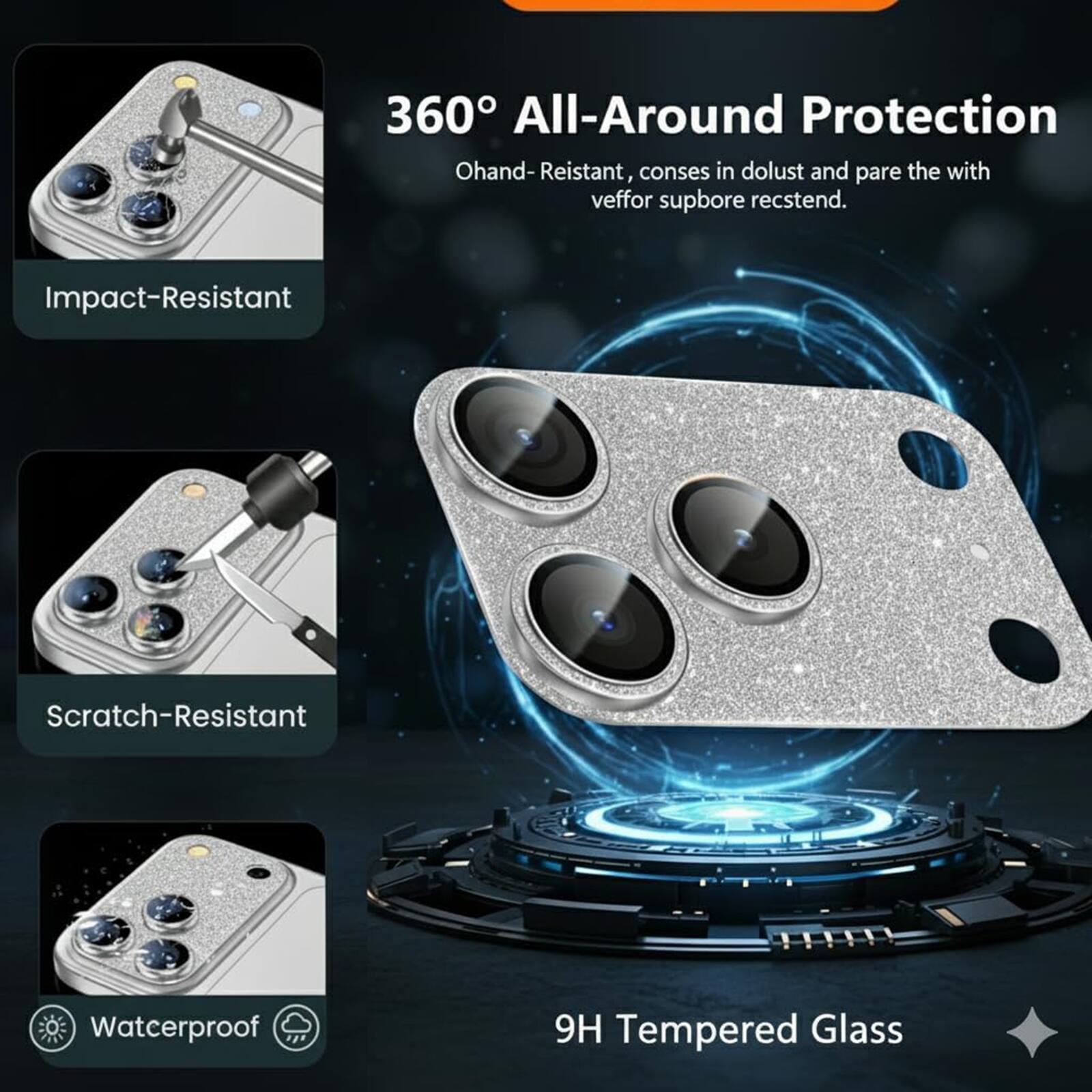 360° All-Around Protection  
Ohand-Resistant, conses in dolust and pare the with veffor supbore recstend.  
Impact-Resistant  
Scratch-Resistant  
Waterproof  
9H Tempered Glass