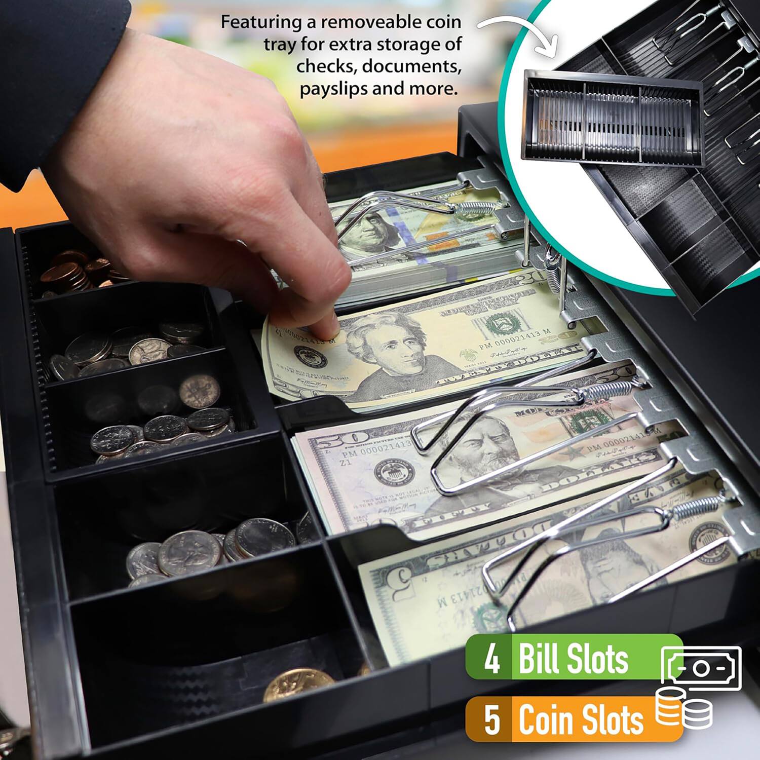 Featuring a removable coin tray for extra storage of checks, documents, payslips and more.

4 Bill Slots
5 Coin Slots