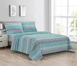 Bibb Home - Egyptian Luxury 1800 Count Printed 4 Piece Sheet Set - Aqua Chevron
