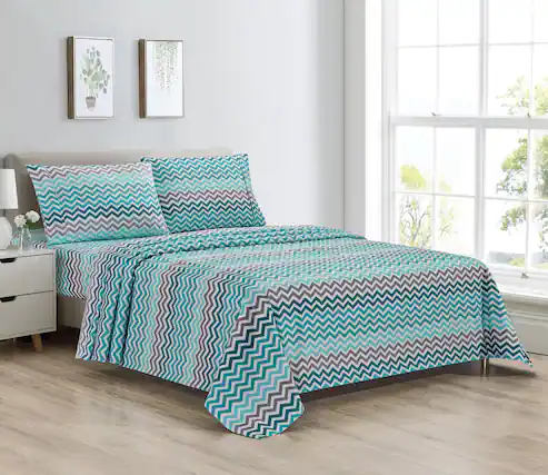 Front. Bibb Home - Bibb Home Egyptian Luxury 1800 Count Printed 4 Piece Sheet Set - Aqua Chevron.