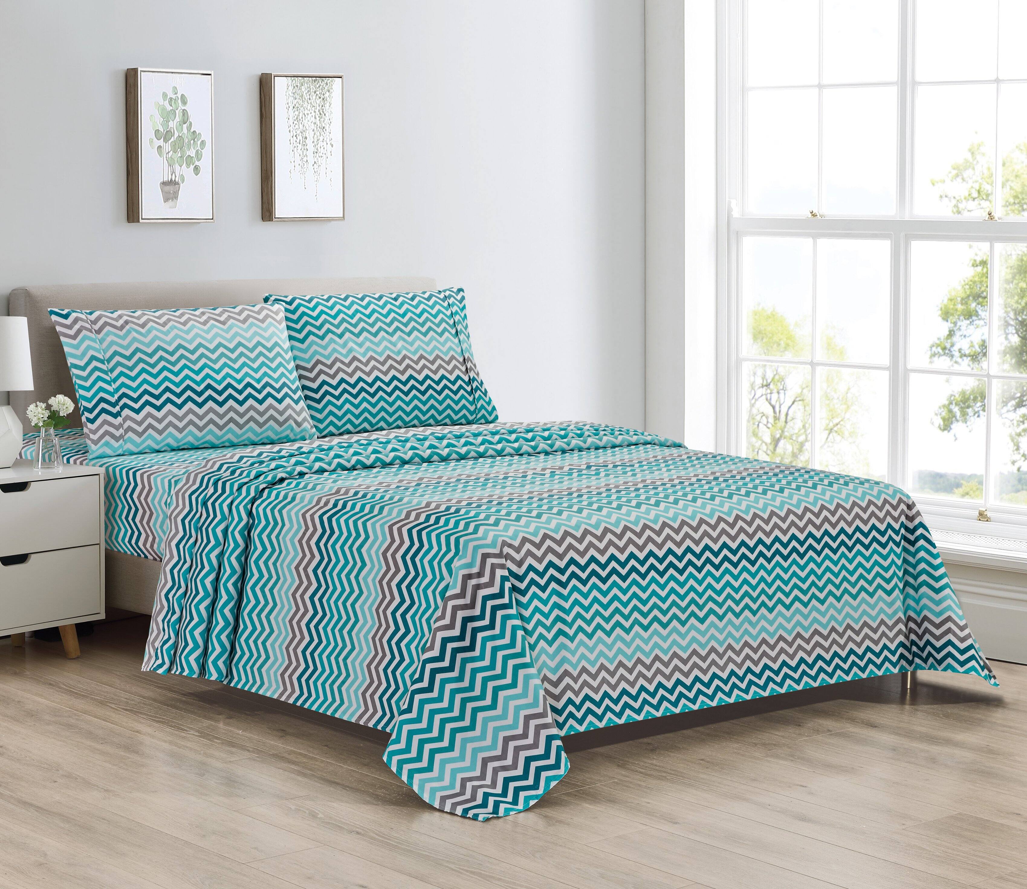 Front. Bibb Home - Bibb Home Egyptian Luxury 1800 Count Printed 4 Piece Sheet Set - Aqua Chevron.