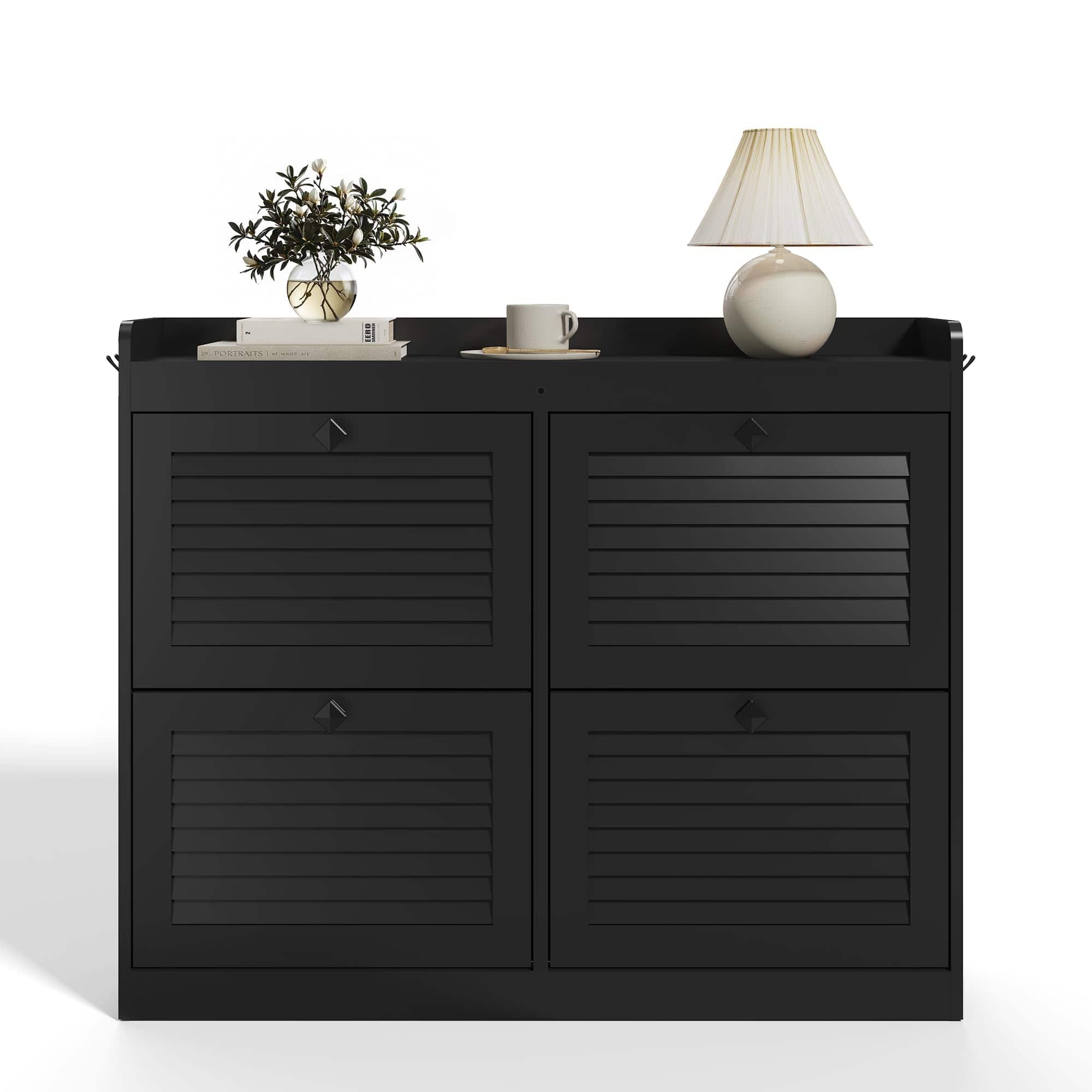 Jojoka - Large Shoe Storage Cabinet with 4 Flip Drawers, Freestanding Narrow Shoe Organizer with Hooks and Storage - Black