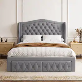 Vipbear - Queen Upholstered Platform Bed Frame with 2 Storage Drawers & 52.6" Tall Headboard, No Box Spring Needed - Gray