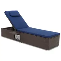 Costway 1 PCS Patio Chaise Lounge with 6-level Backrest Comfy Seat Cushion & Headrest Backyard - Mix Brown + Navy - Front_Zoom