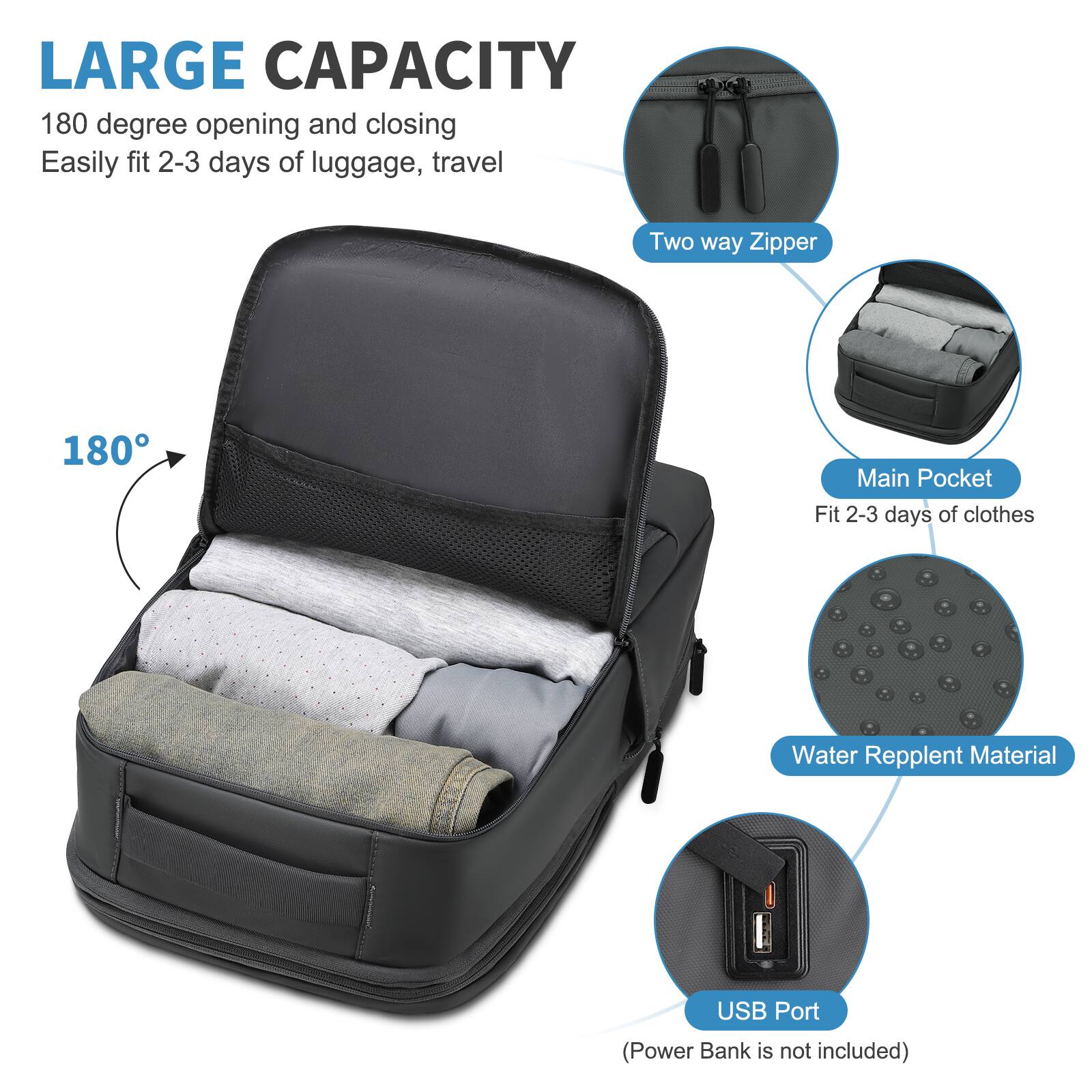 LARGE CAPACITY  
180 degree opening and closing  
Easily fit 2-3 days of luggage, travel  
Two way Zipper  
Main Pocket  
Fit 2-3 days of clothes  
Water Repellent Material  
USB Port (Power Bank is not included)