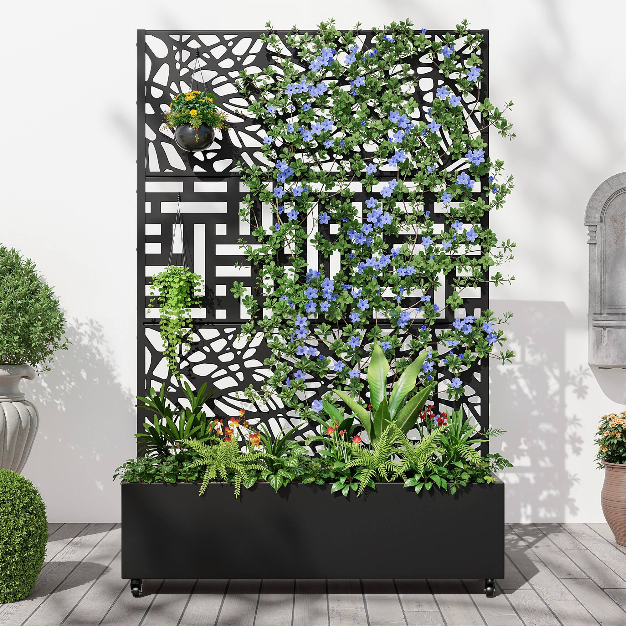 PexFix - 72 in. H x 47 in. W Netllen Pattern Rectangle Metal Planter Box Raised Garden Beds with Trellis-Ideal for Balcony - Black