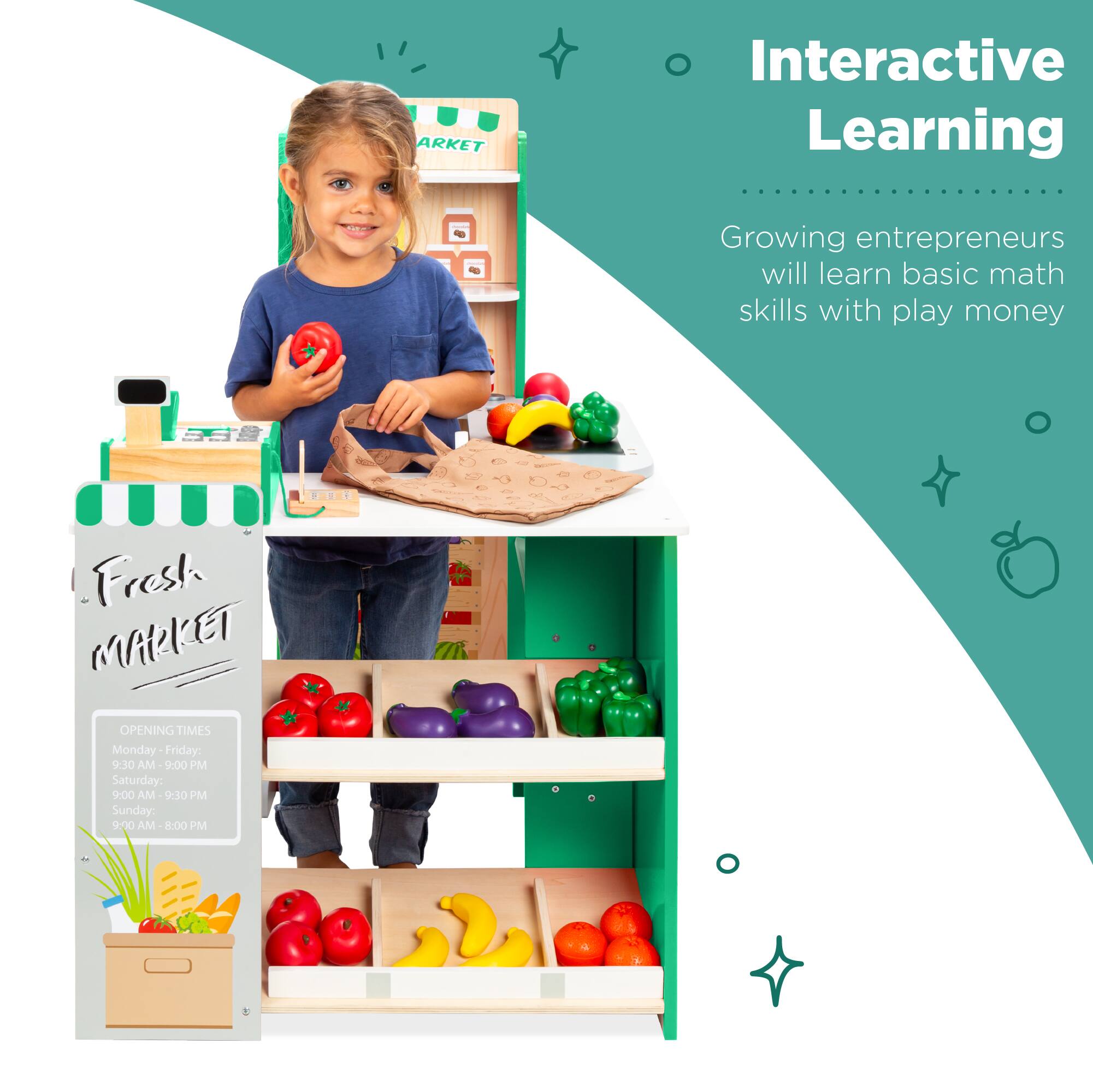 Interactive Learning

Growing entrepreneurs will learn basic math skills with play money

Fresh MARKET

OPENING TIMES
Monday - Friday: 9:30 AM - 9:00 PM
Saturday: 9:00 AM - 9:30 PM
Sunday: 9:00 AM - 8:00 PM