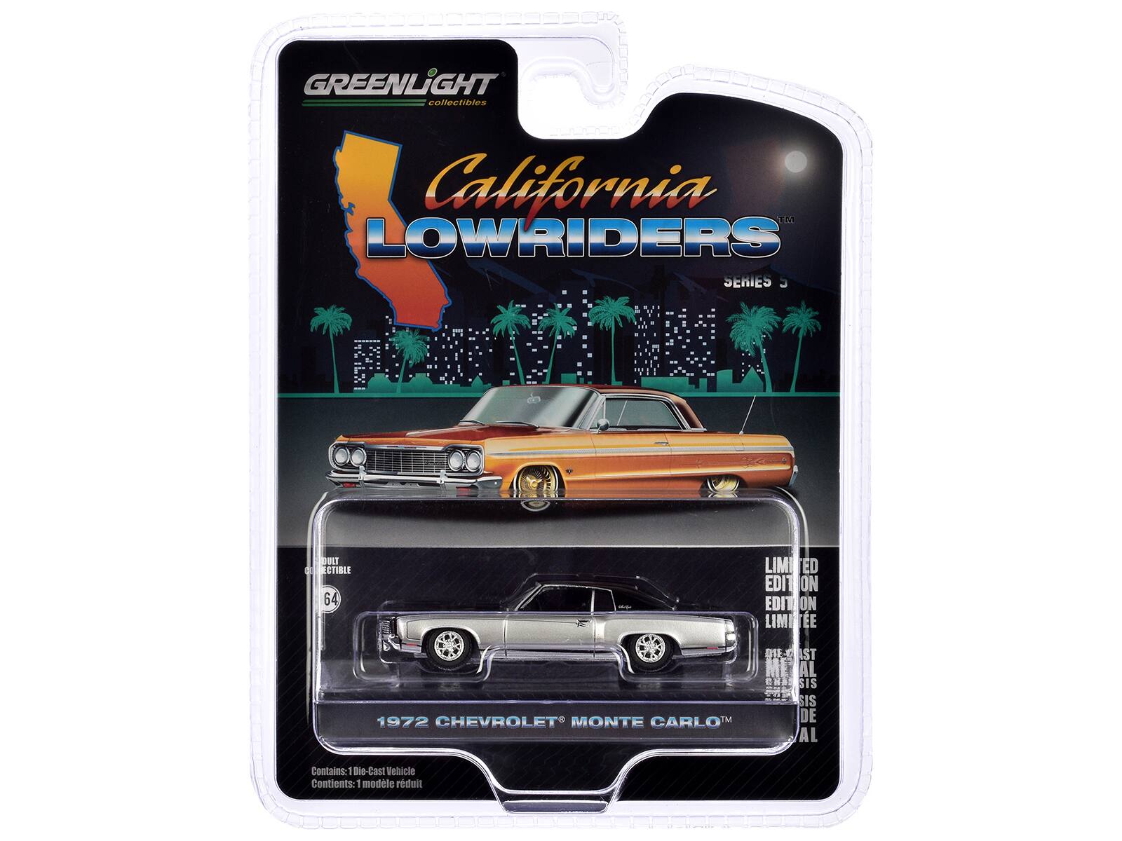 GREENLIGHT collectibles  
California LOWRIDERS  
SERIES 3  

1972 CHEVROLET MONTE CARLO™  

Contains: 1 Die-Cast Vehicle  
Contiens: 1 modèle réduit  

LIMITED EDITION  
ÉDITION LIMITÉE  

64