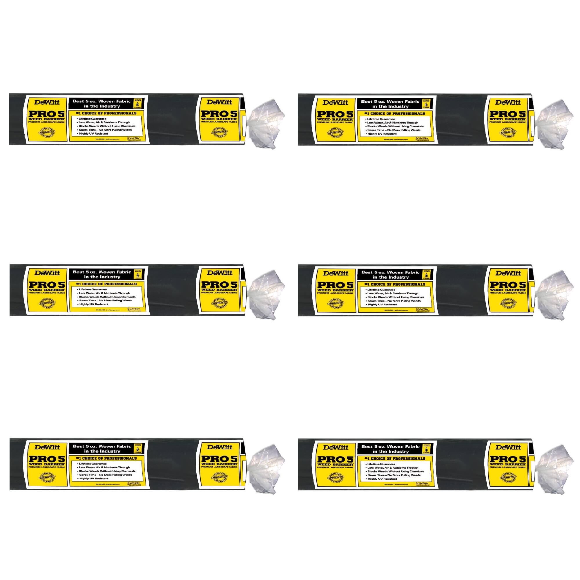 DeWitt  
PROS  
5 oz. Women's Fabric  
WEED BARRIER  
1st CHOICE OF PROFESSIONALS  
- 100% Polypropylene  
- 5 Year Warranty  
- Easy to Use - Lasts Years  
- Heavy Duty - Won't Rot or Melt  
- Easy to Cut - No Messy Pulling  
- Easy to Install - No Tools Needed  

DeWitt  
PROS  
5 oz. Women's Fabric  
WEED BARRIER  
1st CHOICE OF PROFESSIONALS  
- 100% Polypropylene  
- 5 Year Warranty  
- Easy to Use - Lasts Years  
- Heavy Duty - Won't Rot or Melt  
- Easy to Cut - No Messy Pulling  
- Easy to Install - No Tools Needed  

DeWitt  
PROS  
5 oz. Women's Fabric  
WEED BARRIER  
1st CHOICE OF PROFESSIONALS  
- 100% Polypropylene  
- 5 Year Warranty  
- Easy to Use - Lasts Years  
- Heavy Duty - Won't Rot or Melt  
- Easy to Cut - No Messy Pulling  
- Easy to Install - No Tools Needed  

De