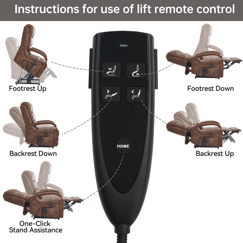 Instructions for use of lift remote control

- Footrest Up
- Footrest Down
- Backrest Down
- HOME
- Backrest Up
- One-Click Stand Assistance