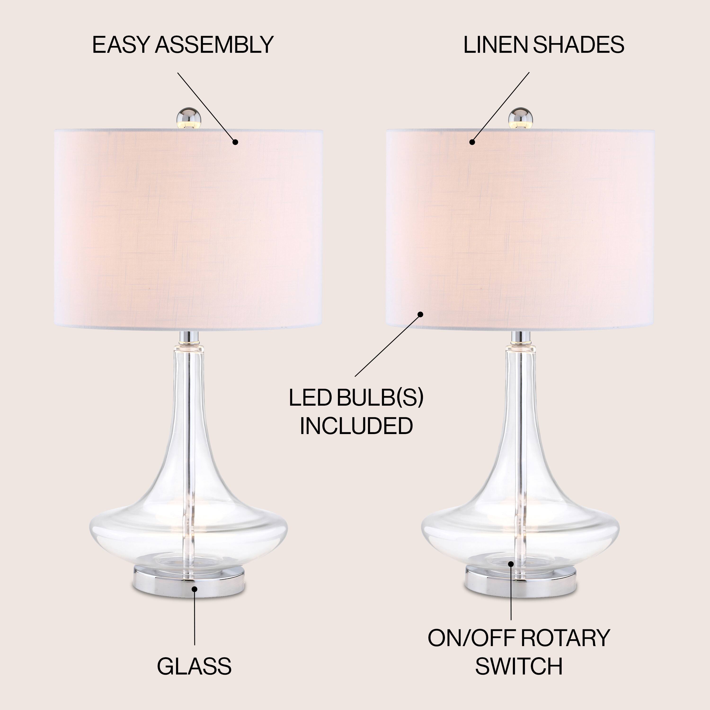 EASY ASSEMBLY  
LINEN SHADES  
LED BULB(S) INCLUDED  
GLASS  
ON/OFF ROTARY SWITCH