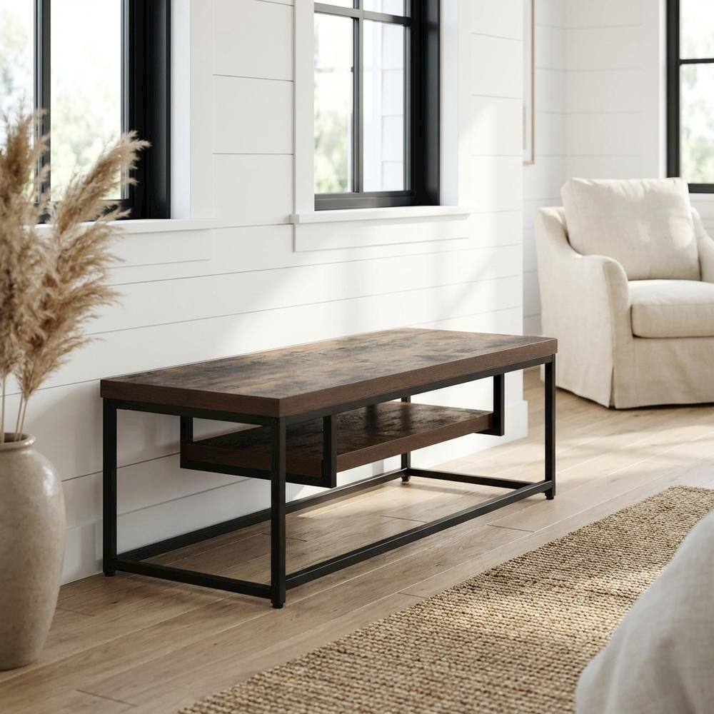Alt View 1. FurniFact - Weathered Oak and Black Metal TV Stand with Storage Compartments - White.