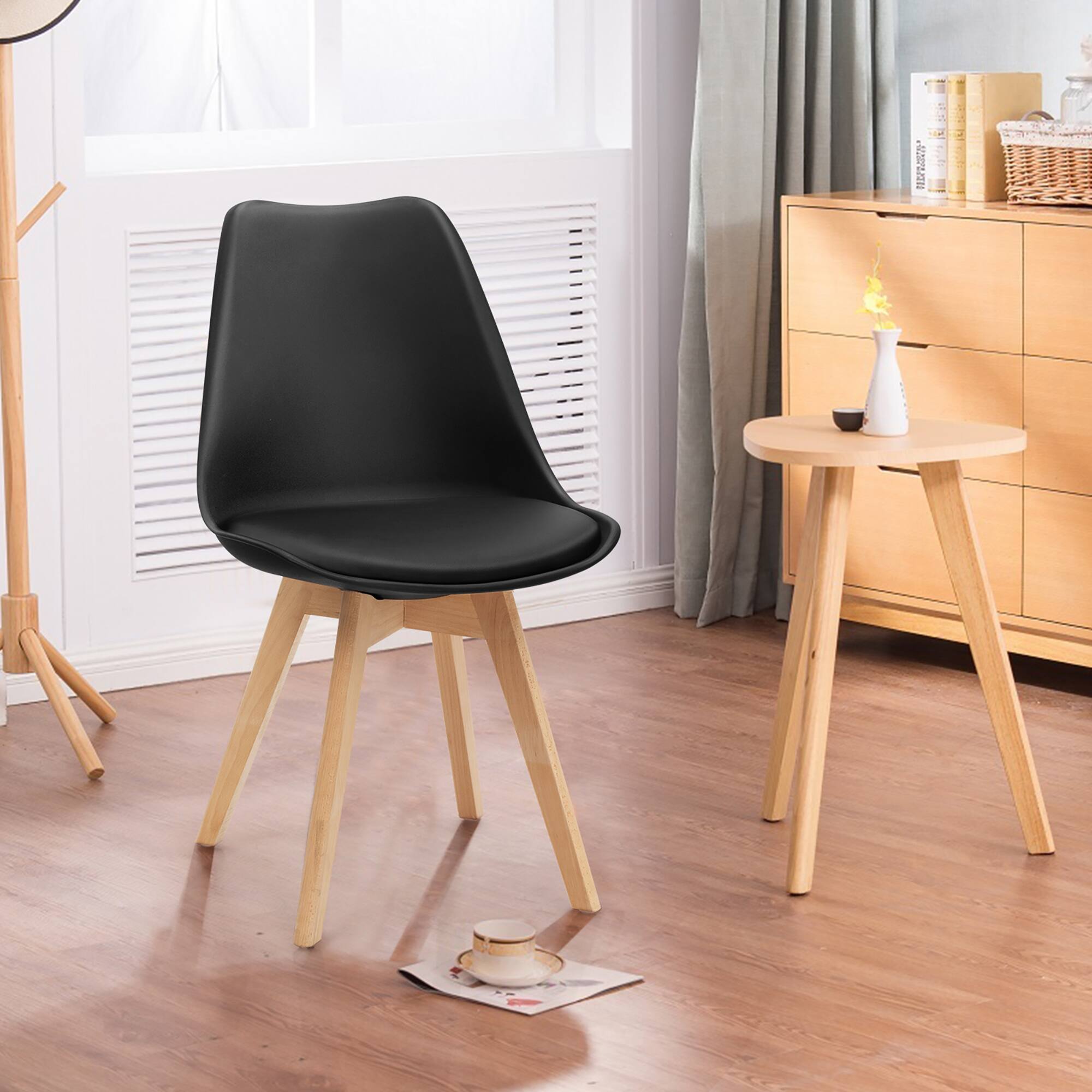 Alt View 2. Costway - Costway Set of 4 Dining Chair Mid Century Modern Shell PU Seat W/ Wood Leg - Black.