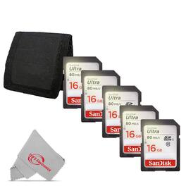 SanDisk Professional - 5x SanDisk Ultra 16GB Class 10 SDHC UHS-I Memory Card up to 80MB/s SDSDUNC-016G-GN6IN with Card Wallet