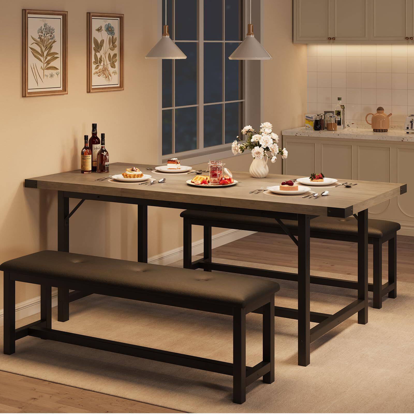 Front. Acekool - 63" Large Extendable Dining Room Table Set for 4-6 - Gray.