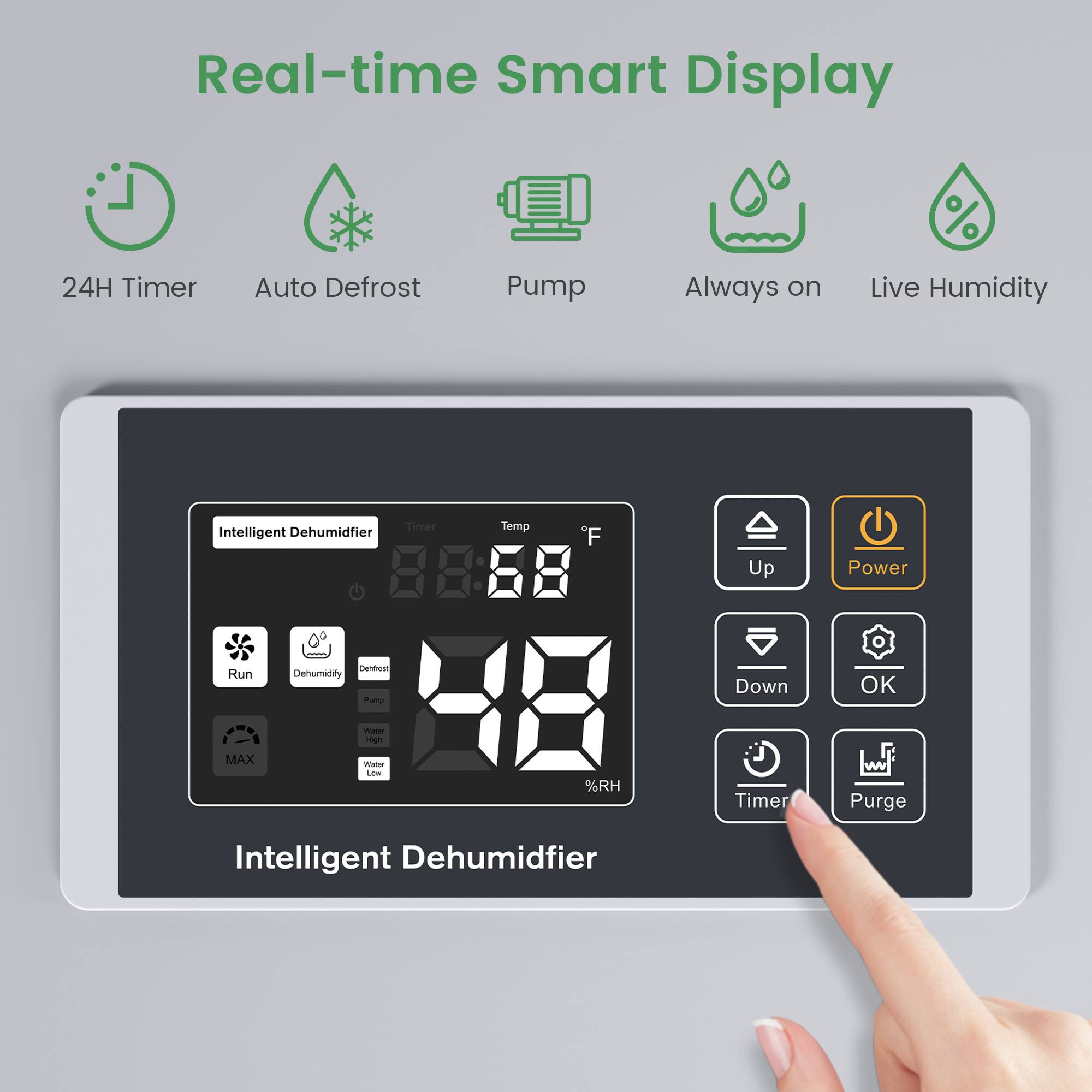 Real-time Smart Display

24H Timer  
Auto Defrost  
Pump  
Always on  
Live Humidity  

Intelligent Dehumidifier  
Timer  
Temp  
%RH  

Run  
Dehumidify  
Defrost  
Pump  
Water High  
Water Low  
MAX  

Up  
Power  
Down  
OK  
Timer  
Purge  

Intelligent Dehumidifier