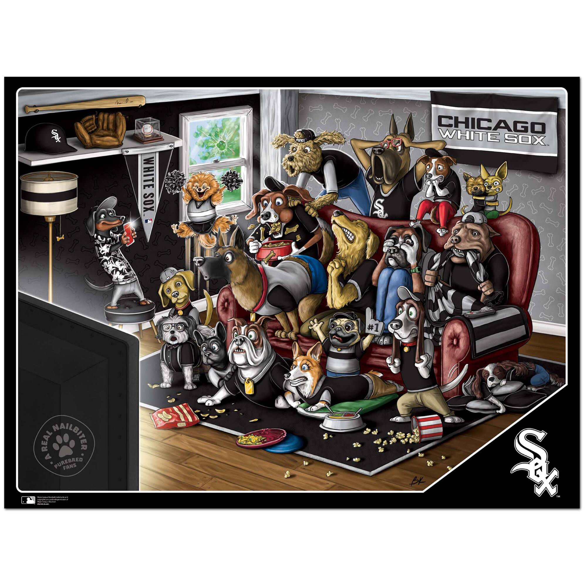 Sure, here is the corrected and grouped text from the image:

---

**Top Left:**
- WHITE SOX

**Top Center:**
- CHICAGO WHITE SOX

**Bottom Left:**
- A REAL NAILBITER
- A PUREBRED FANS

**Bottom Center:**
- #1

**Bottom Right:**
- Sx (Logo)

**Bottom Center (Signature):**
- BK

---