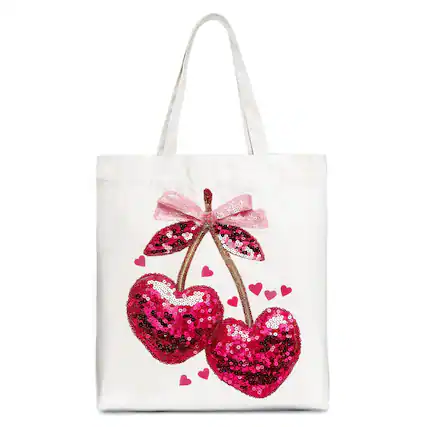 Front. OrnamentallyYou - Sequin Pink Cherry Heart Canvas Tote Bag, Valentine Coquette Trendy Women Gift - White.