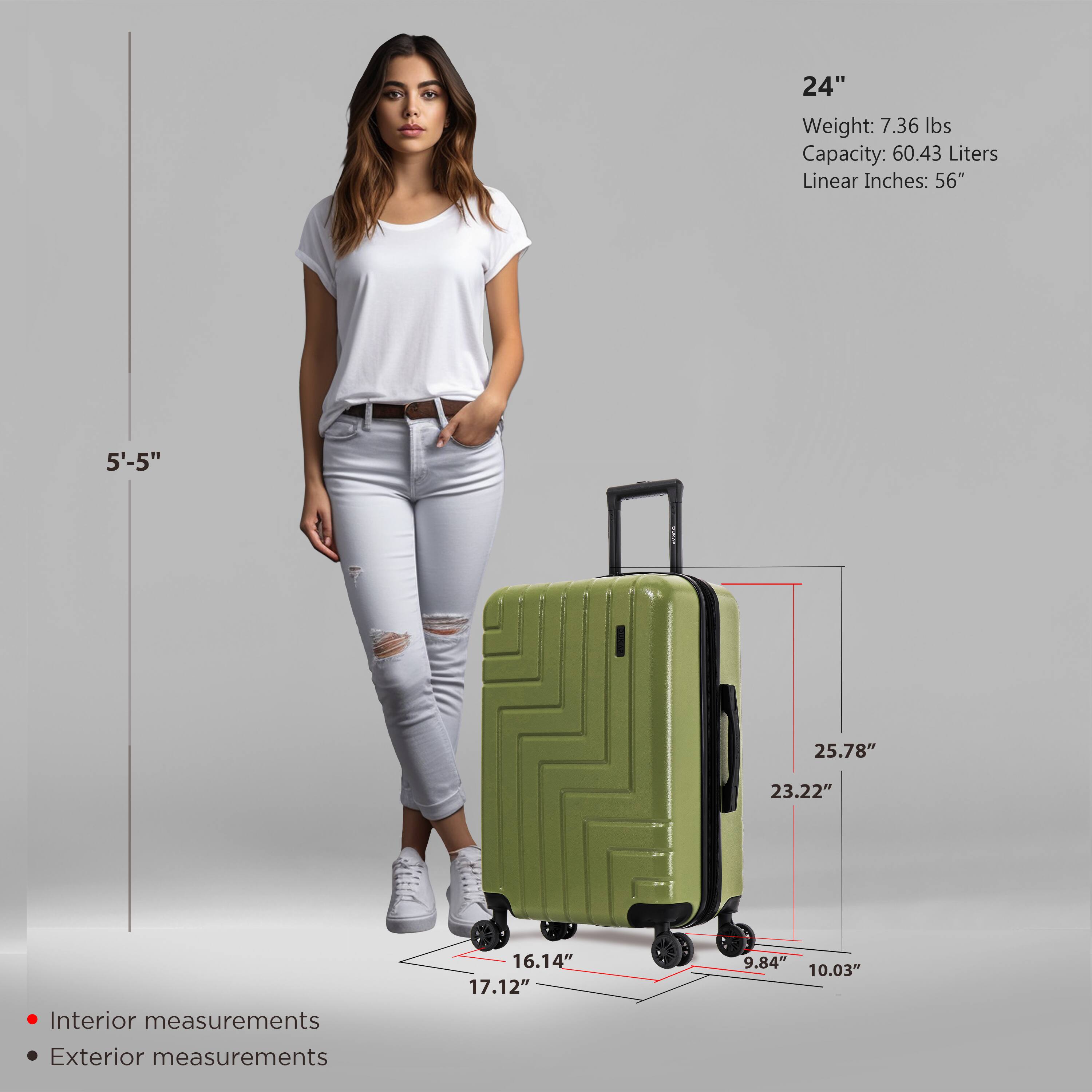 24"  
Weight: 7.36 lbs  
Capacity: 60.43 Liters  
Linear Inches: 56"  

Interior measurements:  
16.14" x 17.12" x 9.84"  

Exterior measurements:  
25.78" x 23.22" x 10.03"  

5'-5"