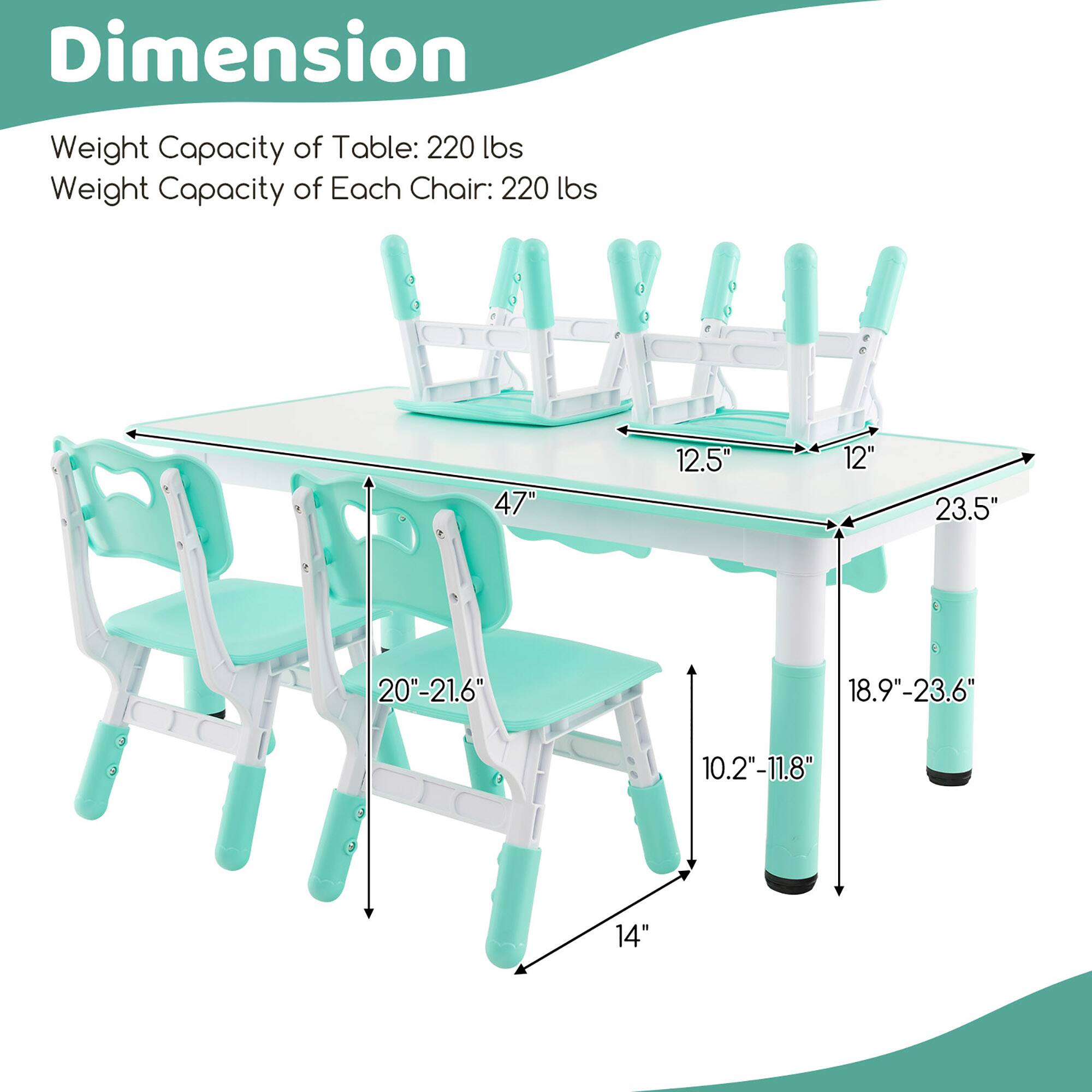 Dimension  
Weight Capacity of Table: 220 lbs  
Weight Capacity of Each Chair: 220 lbs  

- Table Length: 47"  
- Table Width: 23.5"  
- Table Height: 18.9"-23.6"  
- Chair Seat Height: 10.2"-11.8"  
- Chair Back Height: 14"  
- Chair Seat Depth: 20"-21.6"  
- Chair Width: 12.5"  
- Chair Depth: 12"