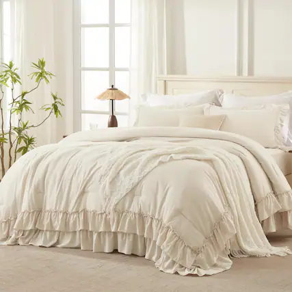 Front. Comfort Essence - Queen Comforter Set 3 Pieces Soft Lightweight Fluffy Solid Ruffle Bedding Sets All Season Farmhouse Shabby - Beige-Full (79"x90").
