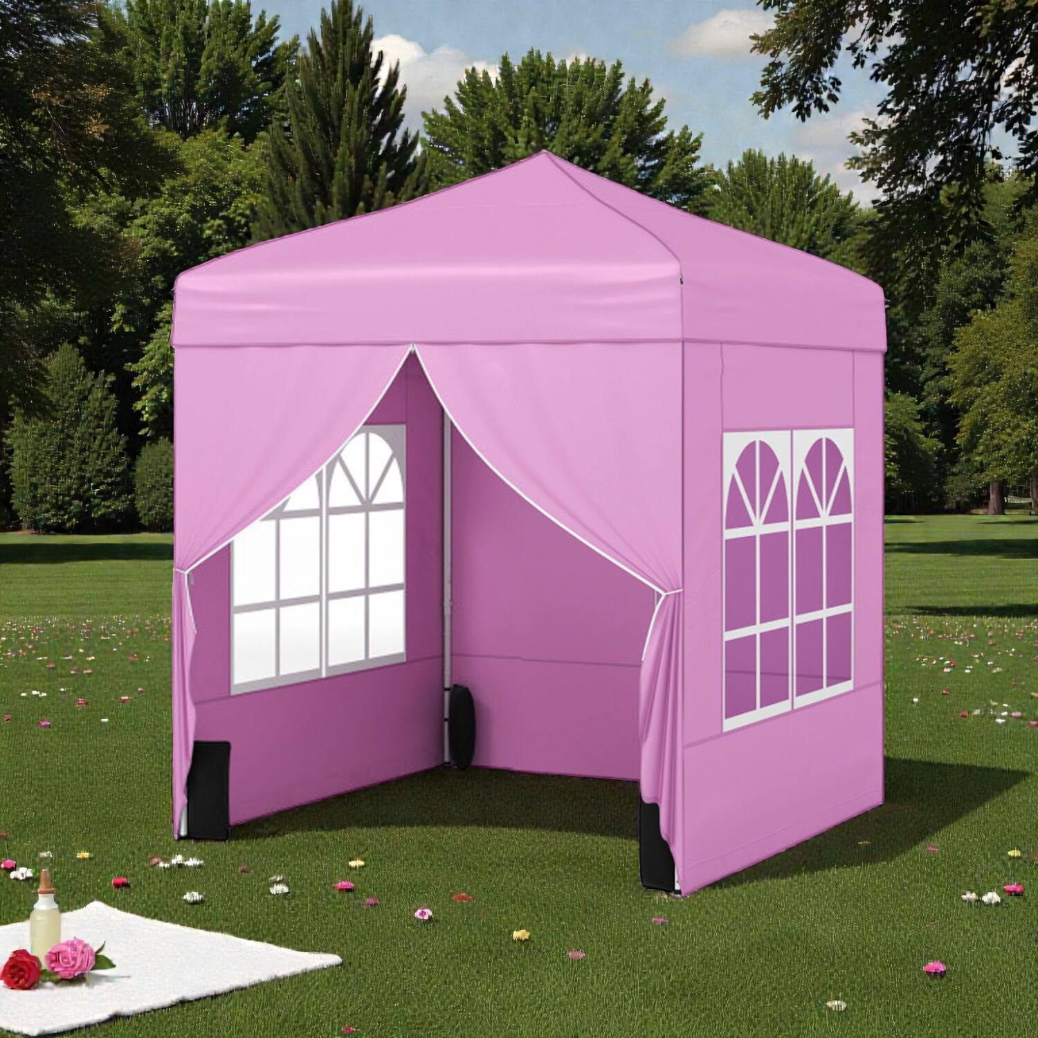 Front. Hivvago - Pop-Up Shade Tent 6.5×6.5 FT with Sidewall Set and Wheel-Equipped Bag - Pink.