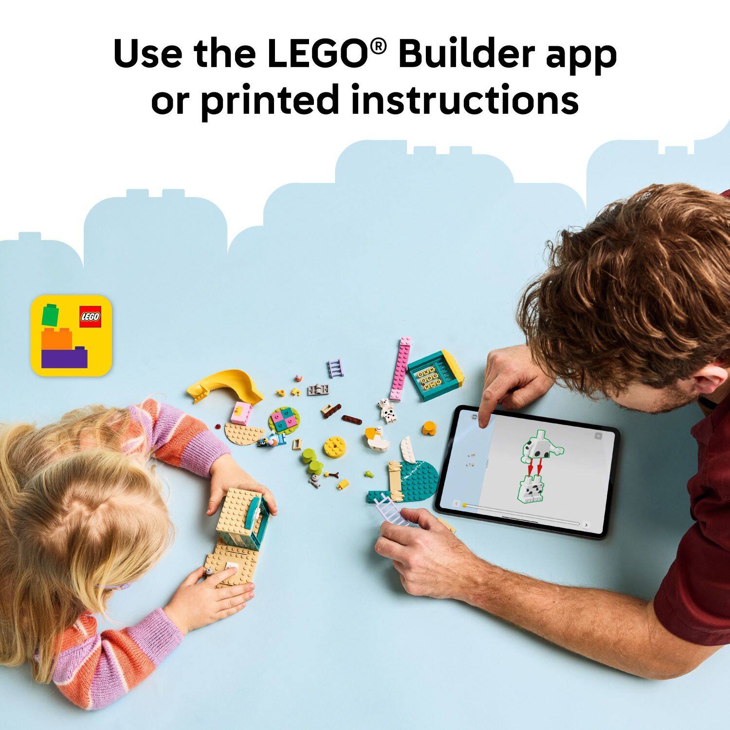 Use the LEGO Builder app or printed instructions.