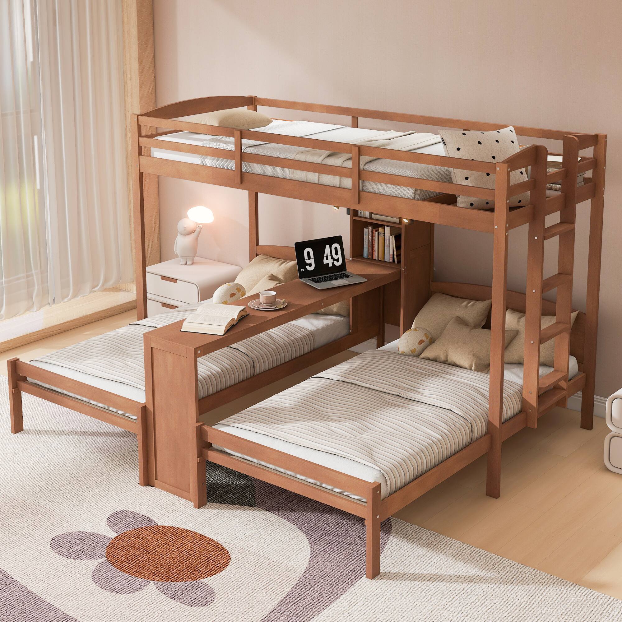 Angle. Anysun - 3 Beds in 1 Design Twin Bunk Bed with Built-in Desk, Storage Shelves & Reading Lamp, Space-Saving Multi-Function - Natural.