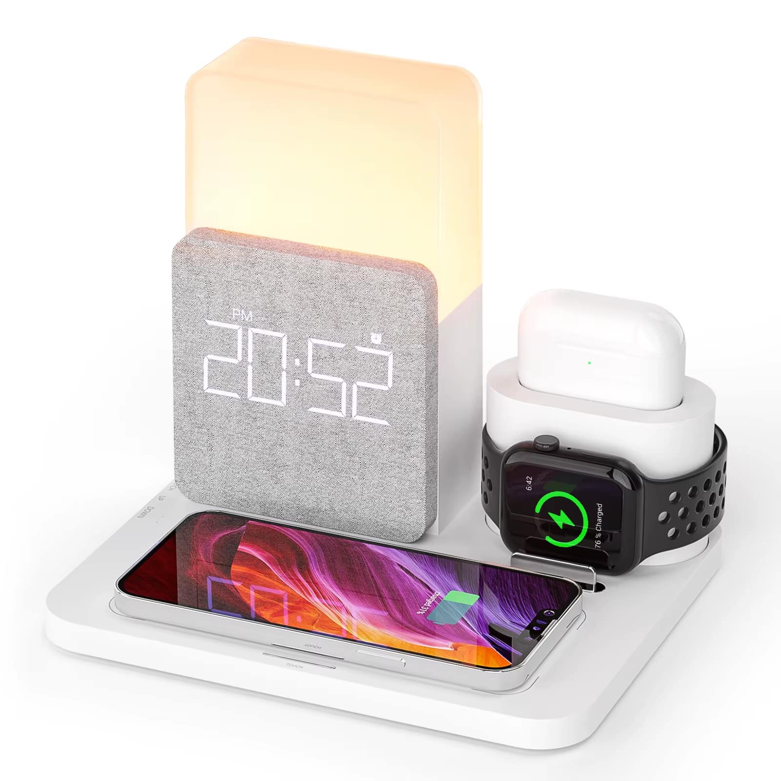 Luckbyte - 4-in-1 Wireless Charging Station with Alarm Clock, Foldable Fast Charger for iPhone 14-11, Apple Watch & AirPods Pro - White