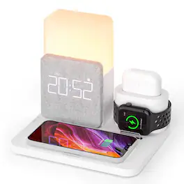Luckbyte - 4-in-1 Wireless Charging Station with Alarm Clock, Foldable Fast Charger for iPhone 14-11, Apple Watch & AirPods Pro - White