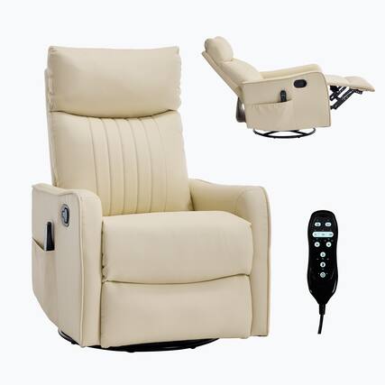 Front. LUCKY ONE - Faux Leather Manual Recliner Chair with 360° Swivel, Rocker, Massage and Lumbar Heat - Beige.