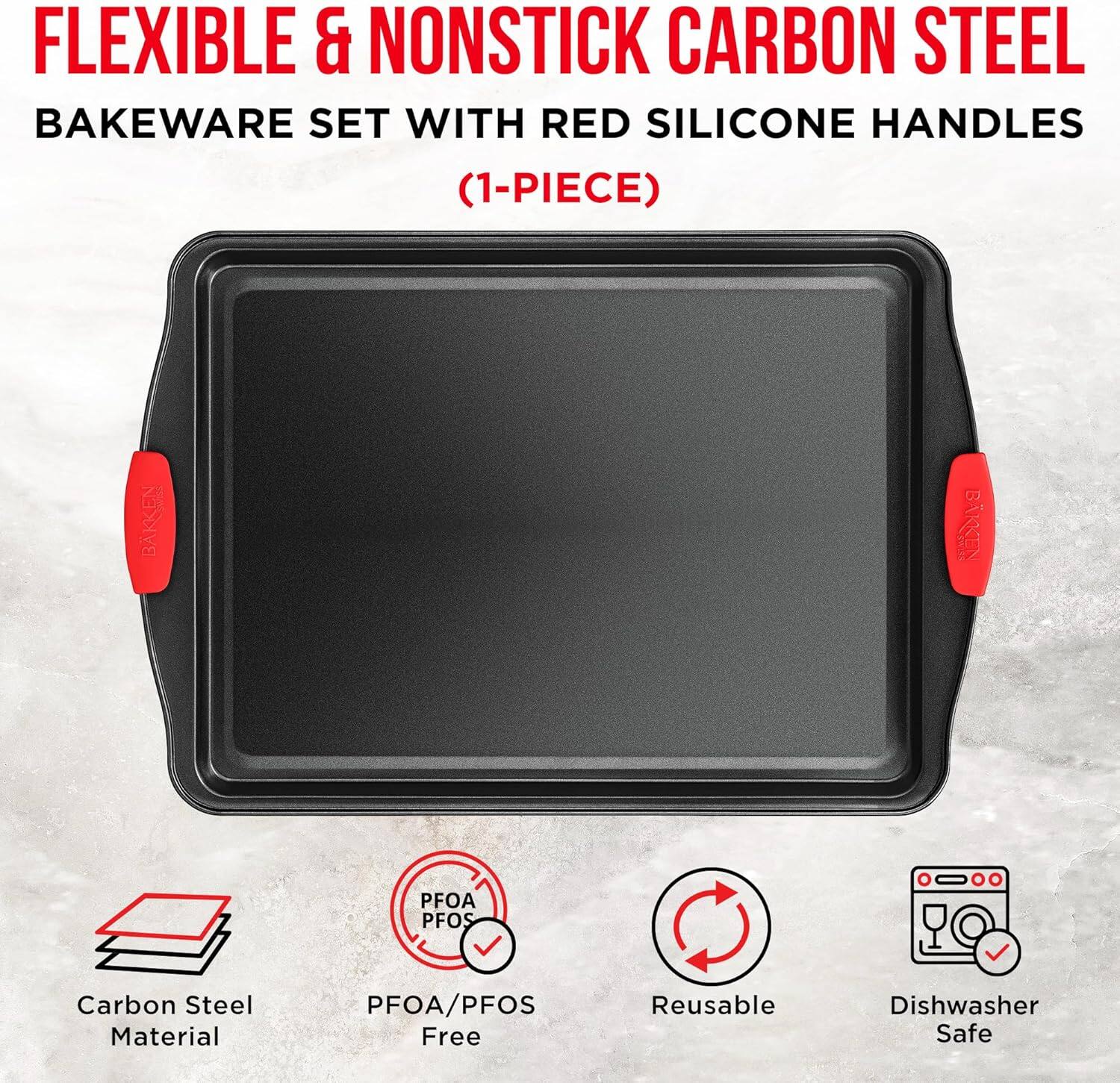 FLEXIBLE & NONSTICK CARBON STEEL BAKEWARE SET WITH RED SILICONE HANDLES (1-PIECE) Carbon Steel Material PFOA/PFOS Free Reusable Dishwasher Safe